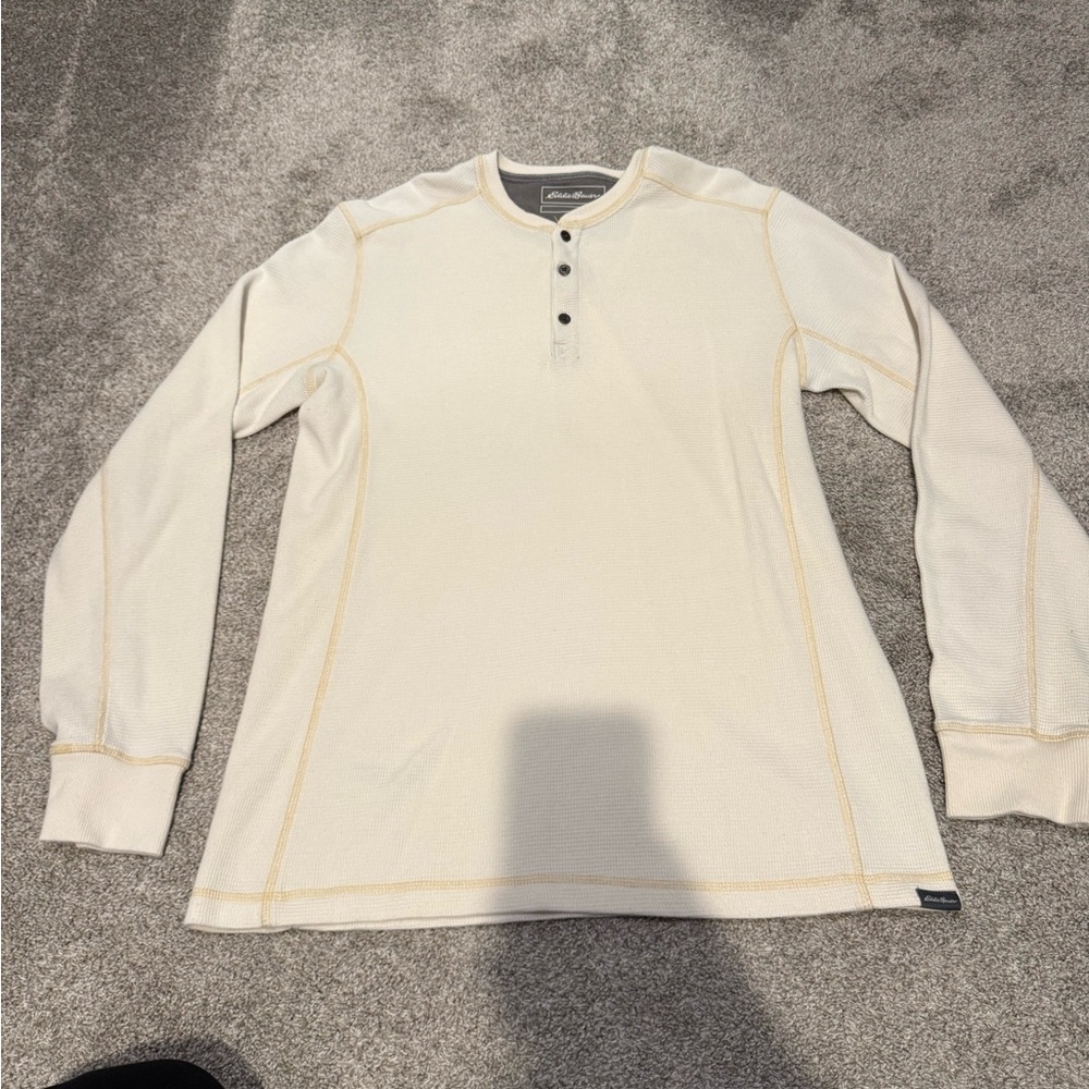 Eddie Bauer Men's Off-White Thermal Henley Long Sleeve Shirt